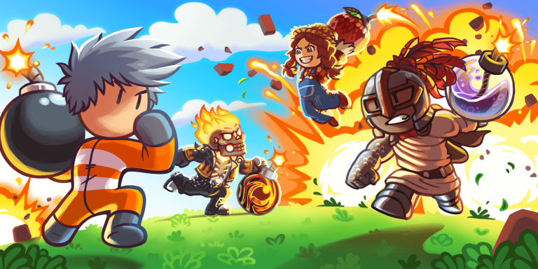 Fictional game characters engaging in a duel with bombs